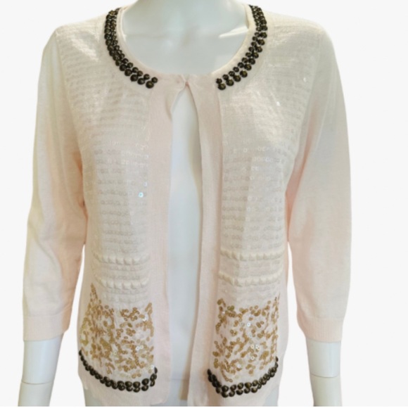 Beautiful Chicos Blush Pink Selene Soft Embellished Linen Blend Cardigan Sweater - Picture 5 of 10